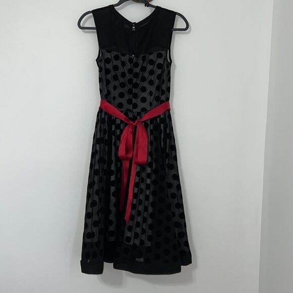 Missmay Retro Gorgeous City Dress Polka dot fit and flare red ribbon sash velvet - Picture 2 of 6
